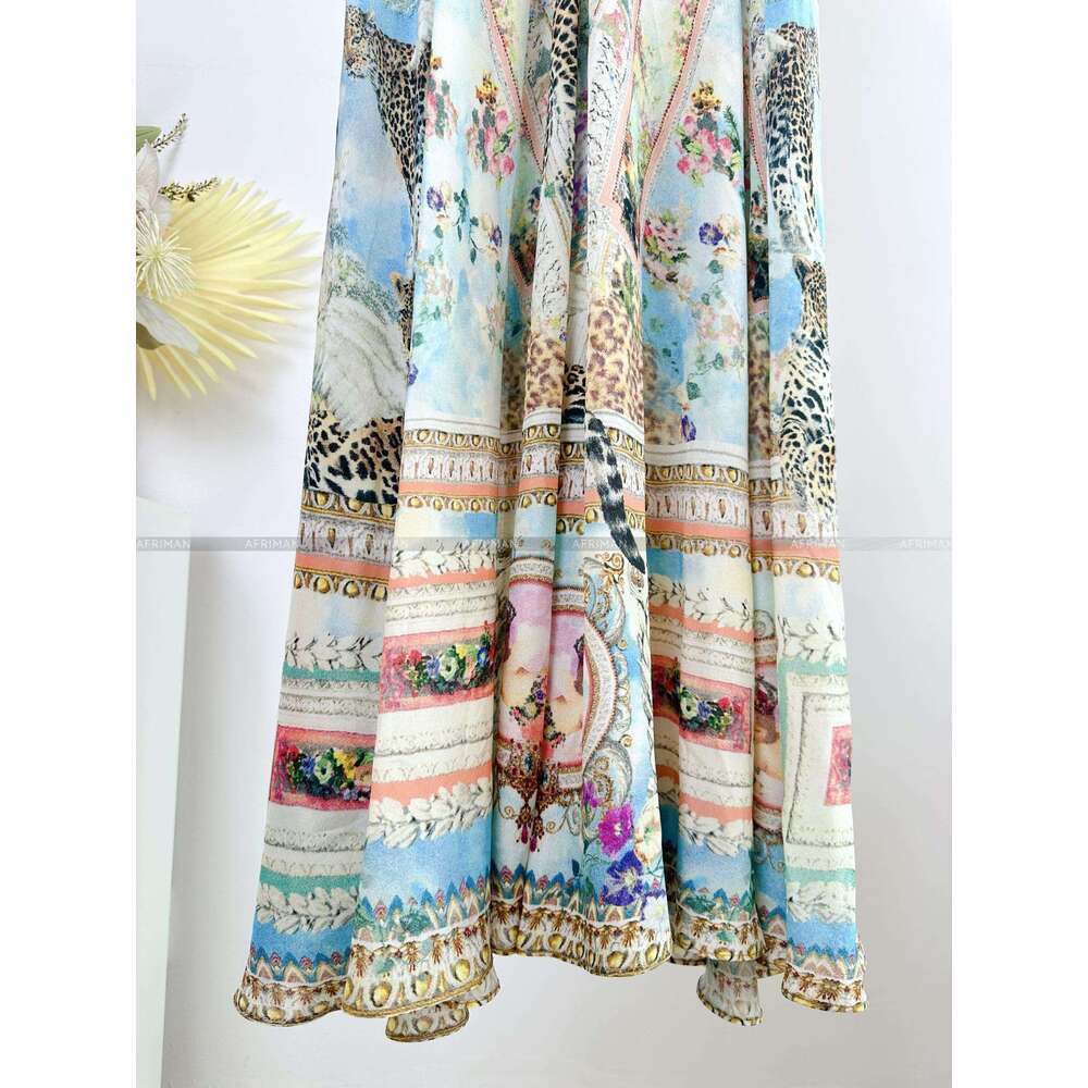 Women Sexy Strapless Cross V Neck Crystal Beaded Retro Wer And Animal Print 100% Silk Long Sg Dress
