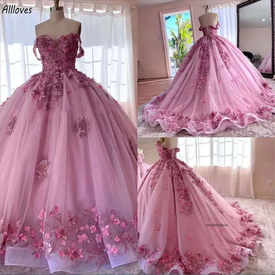 Pink Pretty Wers Lace Beaded Quinceanera Dresses Off The Shoulder Princess Ball Gown Prom Evening Puffy Long Train Sweet 15 16 Dress For Girls Formal 