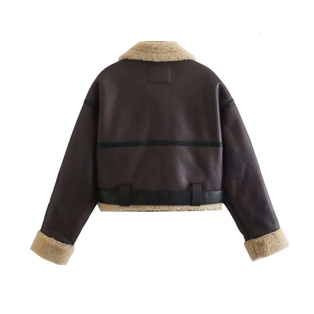 TRAFZA Women Fashion Double-Sided Short Belt Fleece Vintage Lapel New 2024 Fall Winter Zipper Loose Jacket Coat