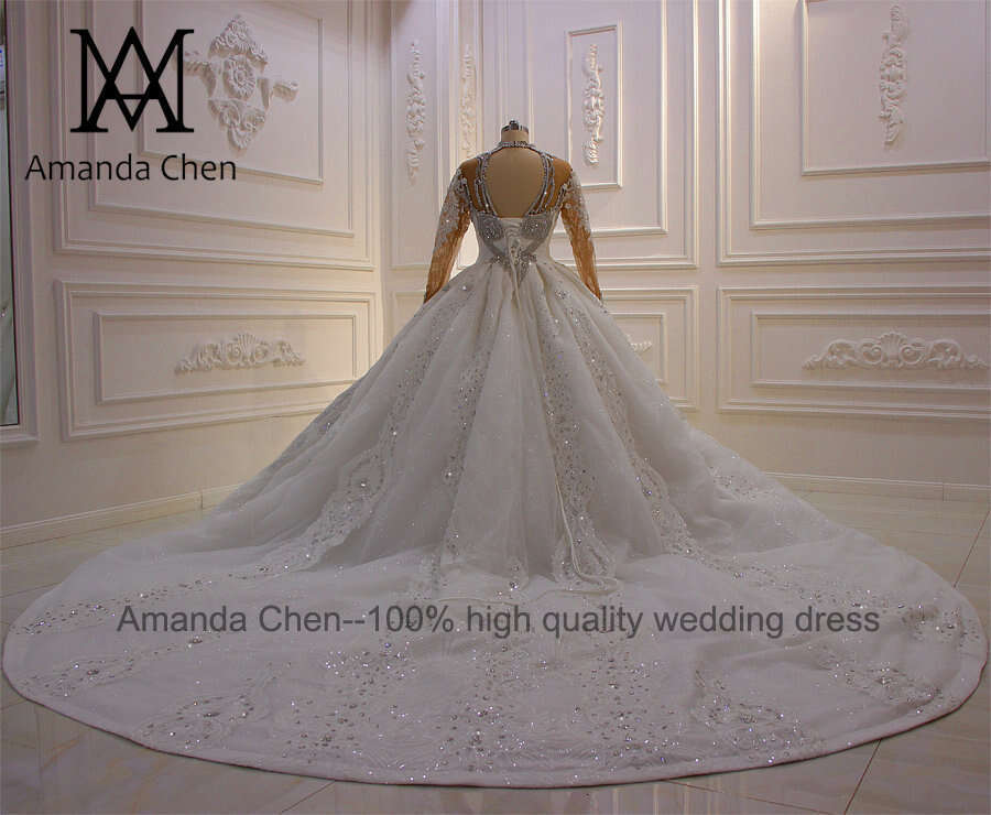 East Middle Royal High Neck Long Sleeves Rhie Shiny Wedding Dress