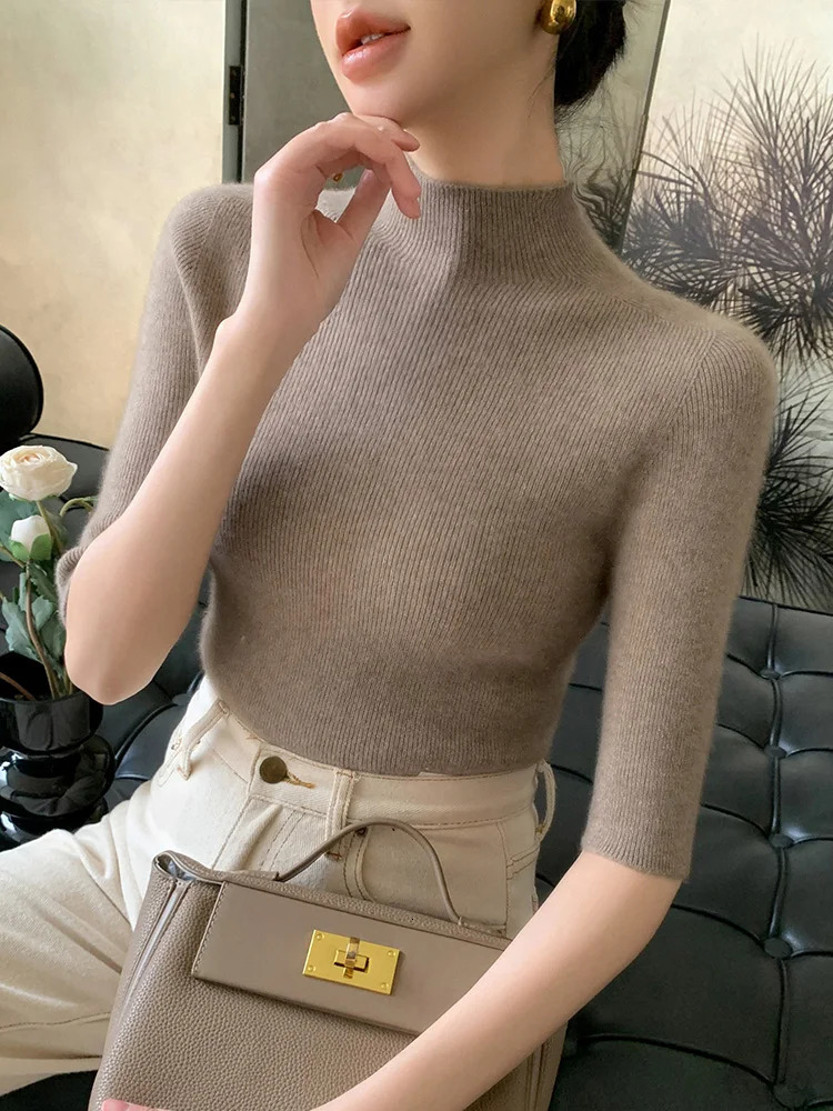 Womens Ultra Thin Plain Collar Half Sleeve Pullover Sweater Solid Color Basic Soft 100% Merino Wool Knitted Spring Summer Top 241028