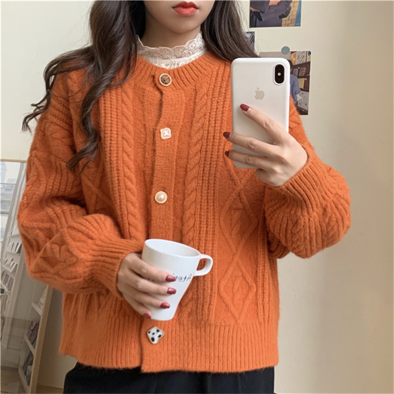 French Fried Dough Twists Round Neck Sweater Coat Autumn And Winter New Style Lantern Sleeve Loose Versatile Knitting Cardigan Women Dress F1028#45