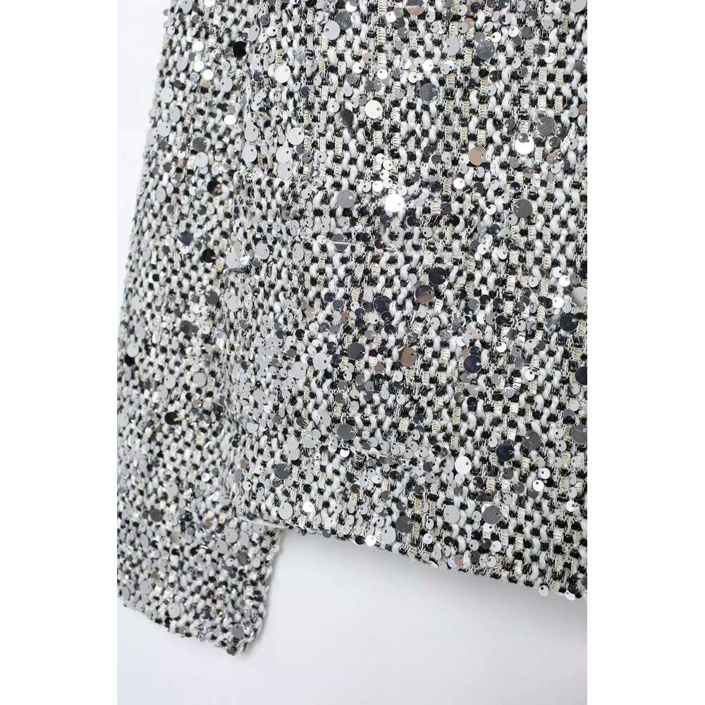 TRAFZA Women Fashion Tweed Sier White Sequins Cardigan New Spring Fall High Street Y2k Sequined Jacket