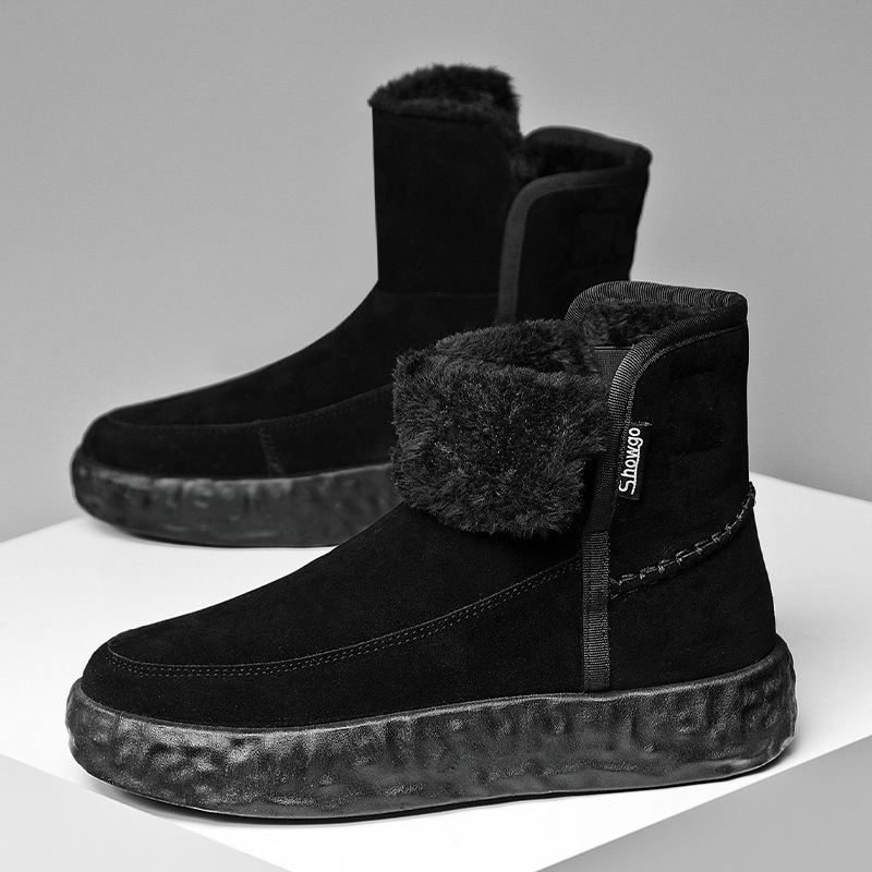 Winter men's high rise thick soled snow boots with thick fleece and warm cotton shoes, short boots