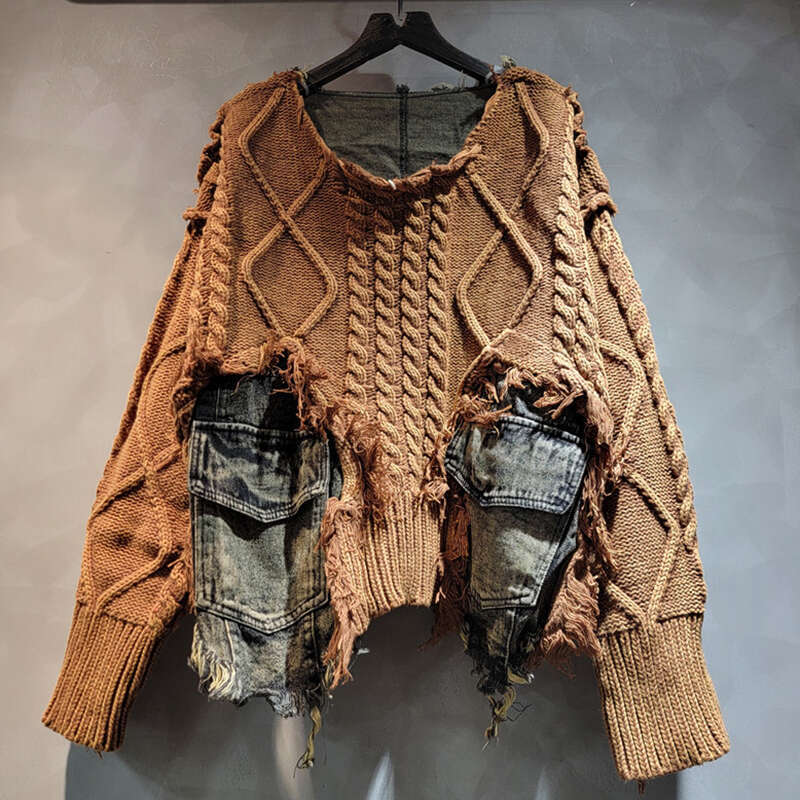 DEAT 2024 Autumn New Items Fashion Women's Twists Knitted Splice Denim Short Sweater Loose O-Neck Long Sleeve Top Female 29L8195