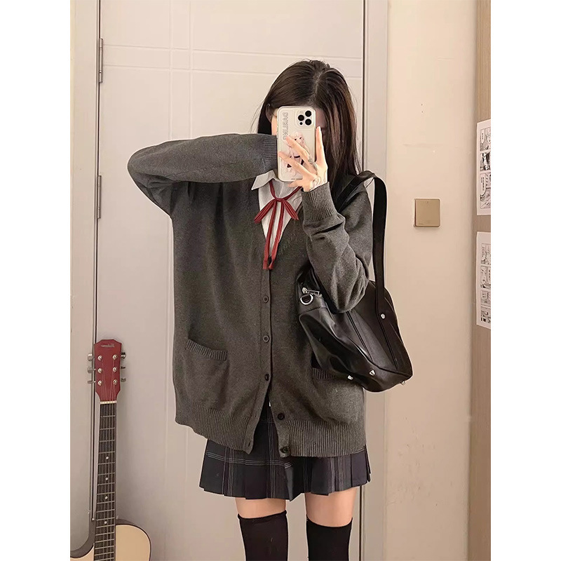 2024 New Designer Early Autumn Solid Color School Style JK Long Sleeve Uniform Versatile Knitted Loose Sweater Women's College Style Open Collar 