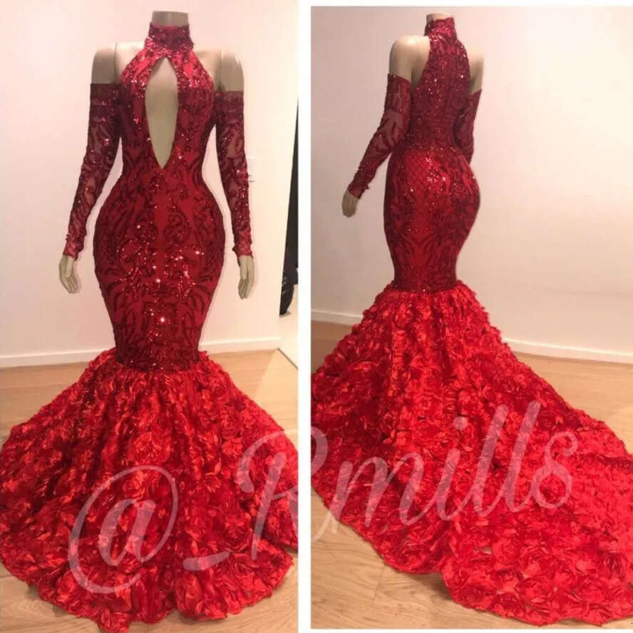 Dubai 3D Wers Ral Red Sequin Prom Evening Dresses High Neck Long Sleeves Mermaid Formal Gowns Party Dress