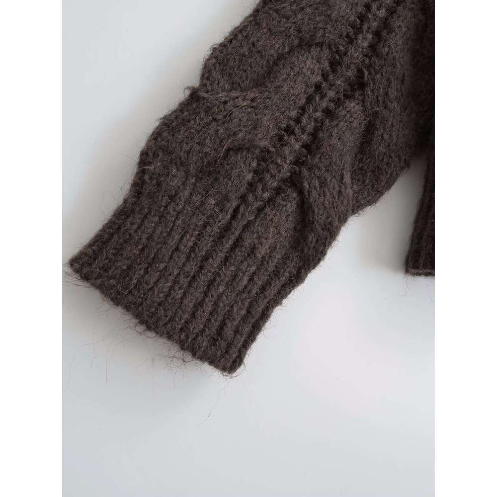 TRAFZA Women Fall Winter Vintage Brown Double Zipper New Fashion Casual Stylish Retro Knitted Sweater