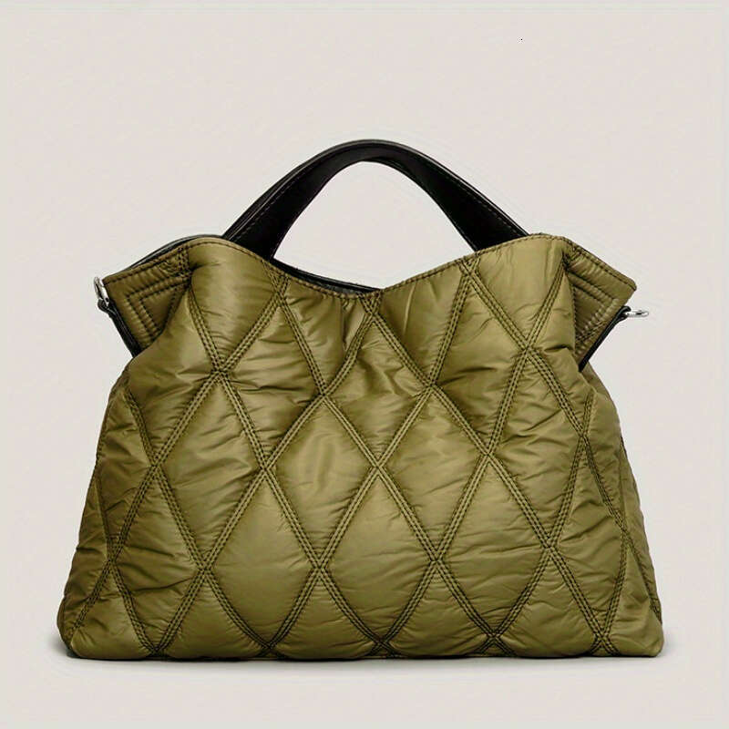 Trendy Puffer Quilted Tote Rhombus Nylon Shoulder Bag, Soft Padded Handbag For Women