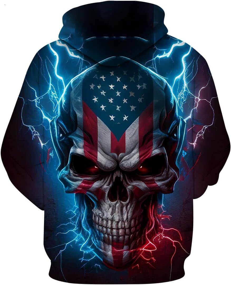 Hoodie for Mens Womens Mens Lightning cool Skull Hoodie Patriotic Theme Sweatshirt American Flag Graphic Pullover Graphic Hoodies sweatshirt Trendy pa