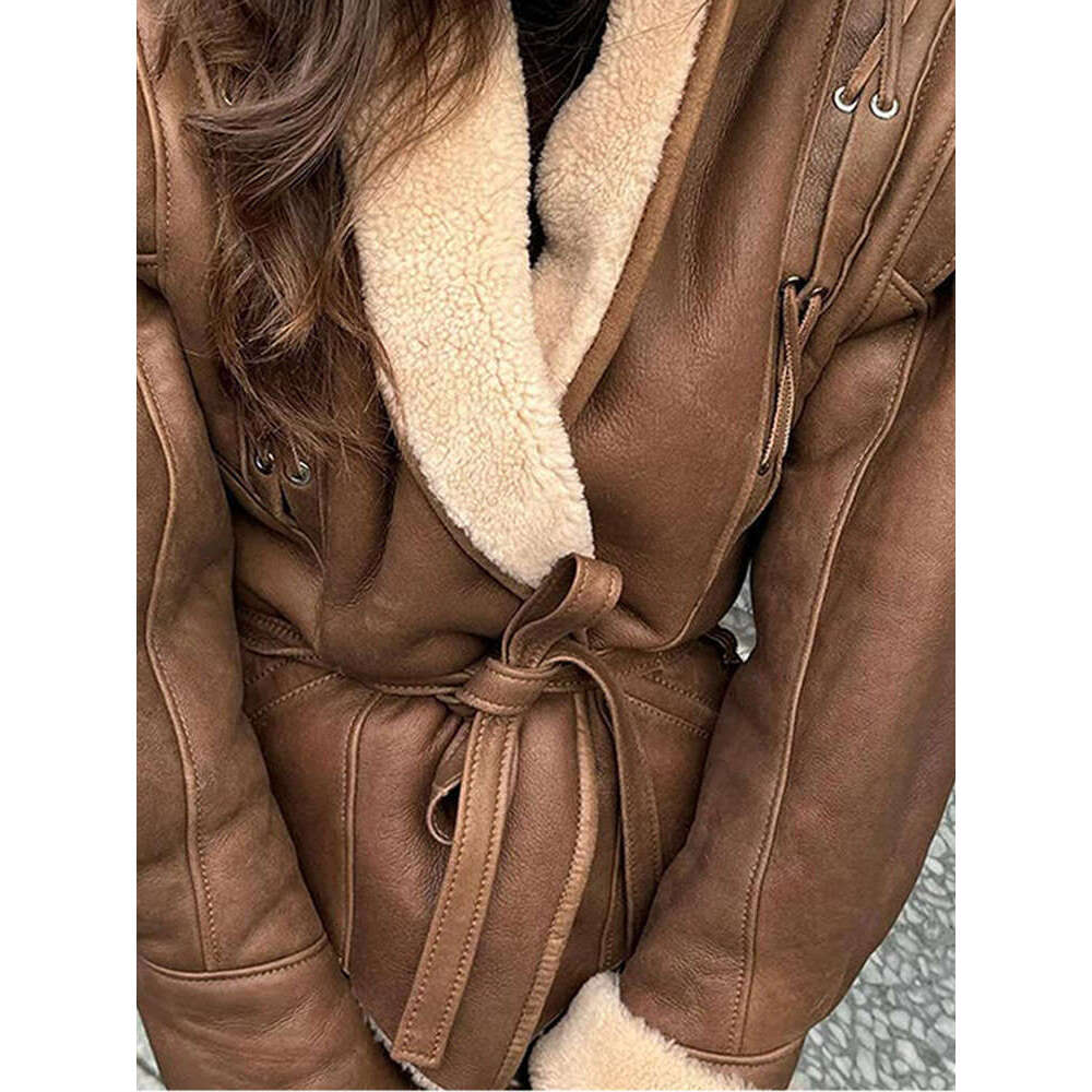 Belt Patchwork Women Jacket Warm Plush Leather Female Coat 2024 Autumn Winter Lapel Long Sleeve Motorcycle Lady Outerwear