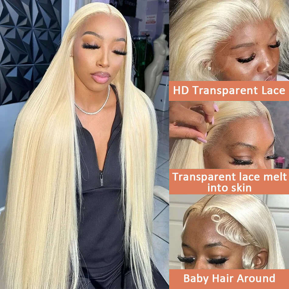 x HD Transparent Blonde Lace Frontal Wig Brazilian Preplucked Bone Straight Front Human Hair For Women