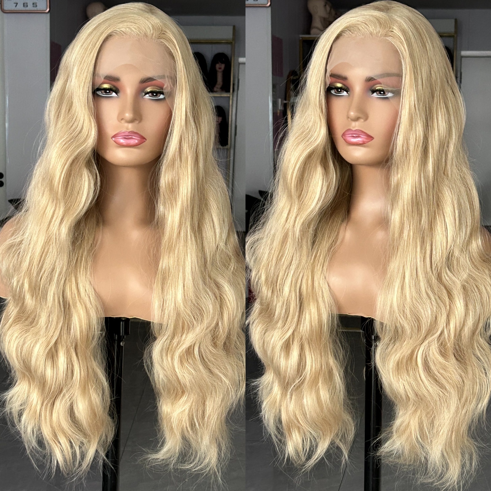 Honey Blonde Highlights Synthetic Lace Front Wig Long Curly Wavy Body Wave Hair 13X4 Frontal Wigs for Women Daily Party
