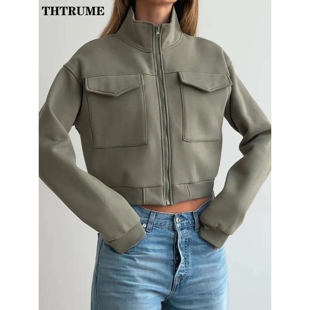 Elegant Solid Pocket Jackets For Women Fashion Autumn Long Sleeve Zipper Lapel 2024 New Coats Casual Streetwear Vintage Outwear