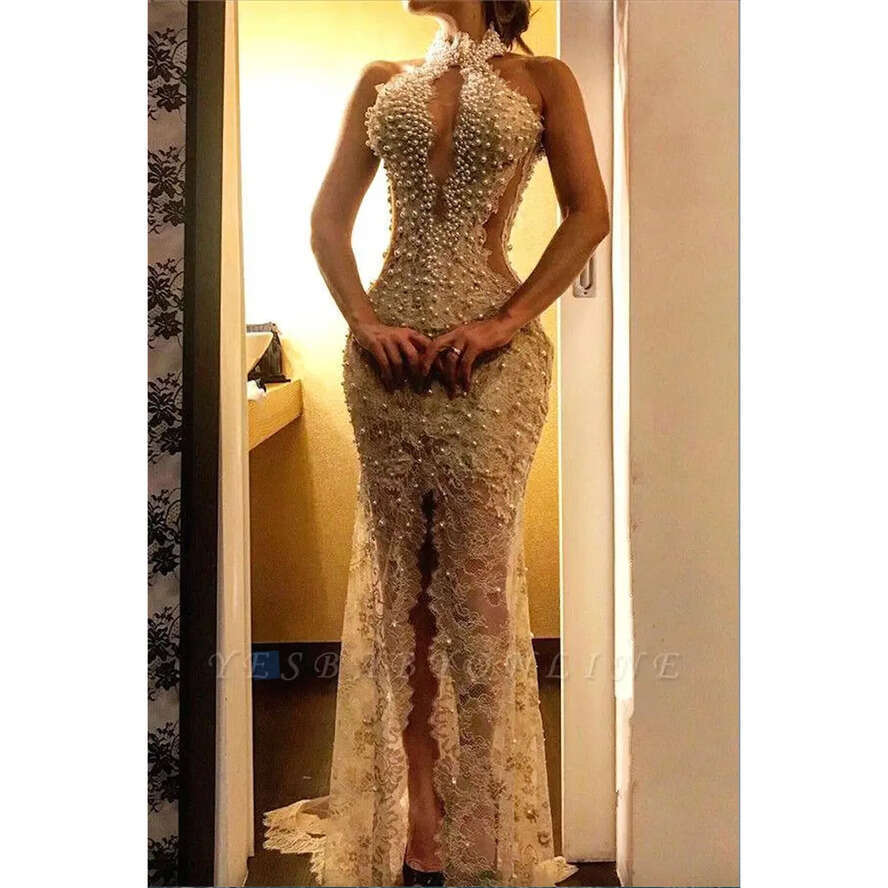 2023 Sexy Neck Lace Mermaid Prom Vintage Pearl Beaded High Side Split Evening Gown Long Open Back Formal Dresses Bc271 0509