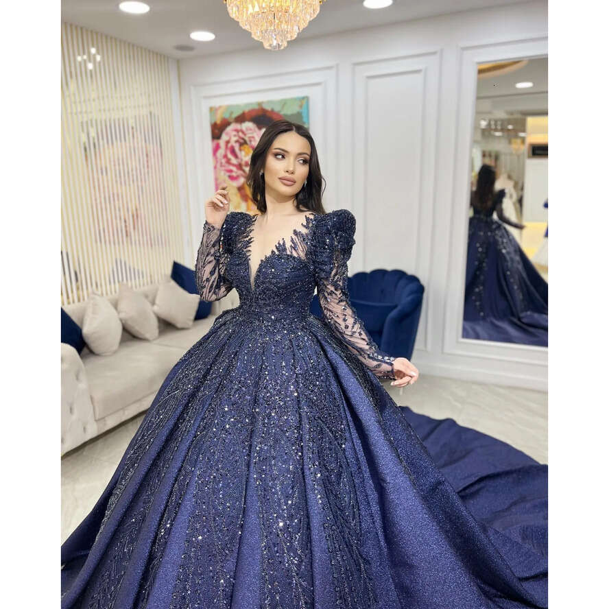 Navy Blue Muslim Evening Dresses Elegant Sheer V Neck Long Sleeves Ball Gown Turkish Kaftan Dress Crystal Beaded Ruffle Formal Gowns For Women 0516