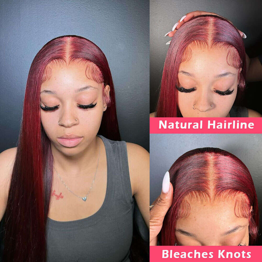 x Straight J Red Color Burgundy Human Hair Wigs Glueless Wig Ready To Wear Preplucked Brazilian without Glue