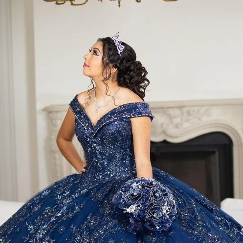 Navy Blue Shiny Quinceanera Dresses Beaded Sequined Applique Lace Tull Sweet 16 Dress Ball Gown Lace Up vestidos de 15 anos