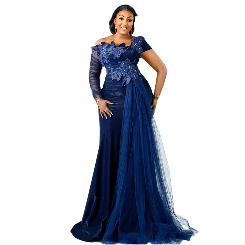 Elegant Navy Mermaid Evening Dresses Lace Appliques Off Shoulder Long Sleeve Formal Party Gown Floor Length Prom Special Occasion Dress For Women