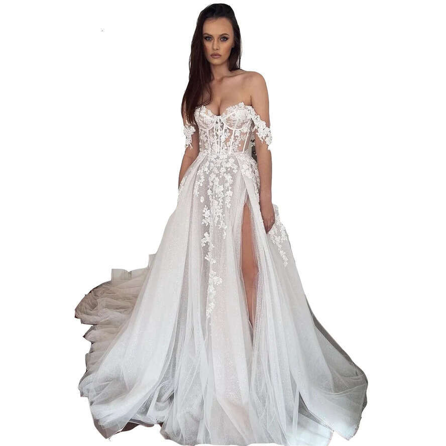 2024 Bohemian Western Country A E Wedding Dresses Sexy Off The Shoulder Illusion Lace Appliqued Vintage Sequined Bridal Gowns Thigh Split Tulle Robes 