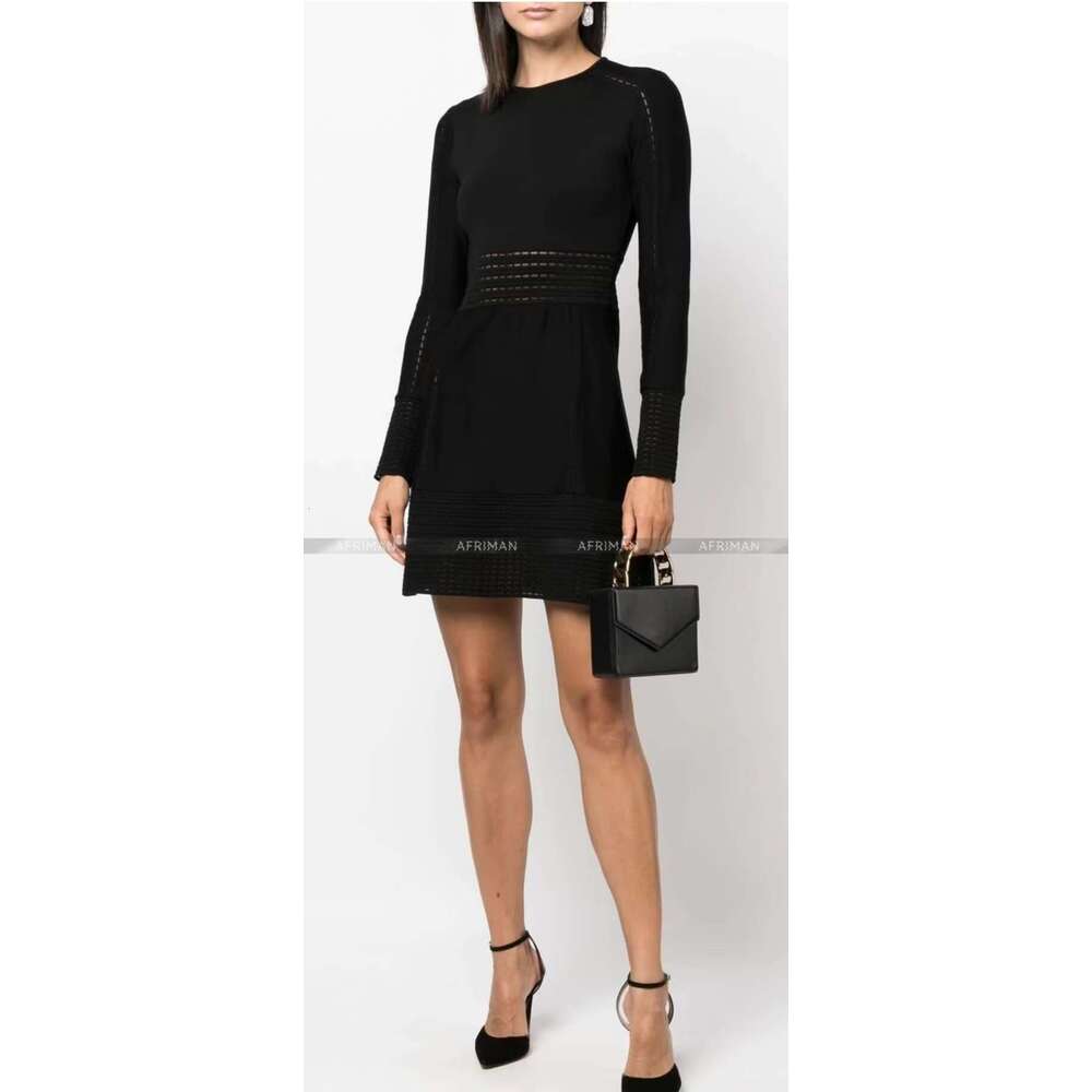 Women Hollow Out Waist V Neck Long Sleeve Ball Gown Knitted Mini Dress