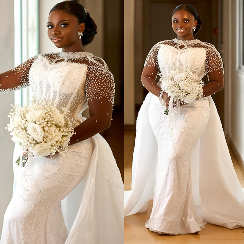 2025 Plus Size African Wedding Dress For Bride Bridal Gowns Detachable Train Illusion Mermaid Sheer Neck Beaded Lace Long Sleeves Wedding Gowns For Bl