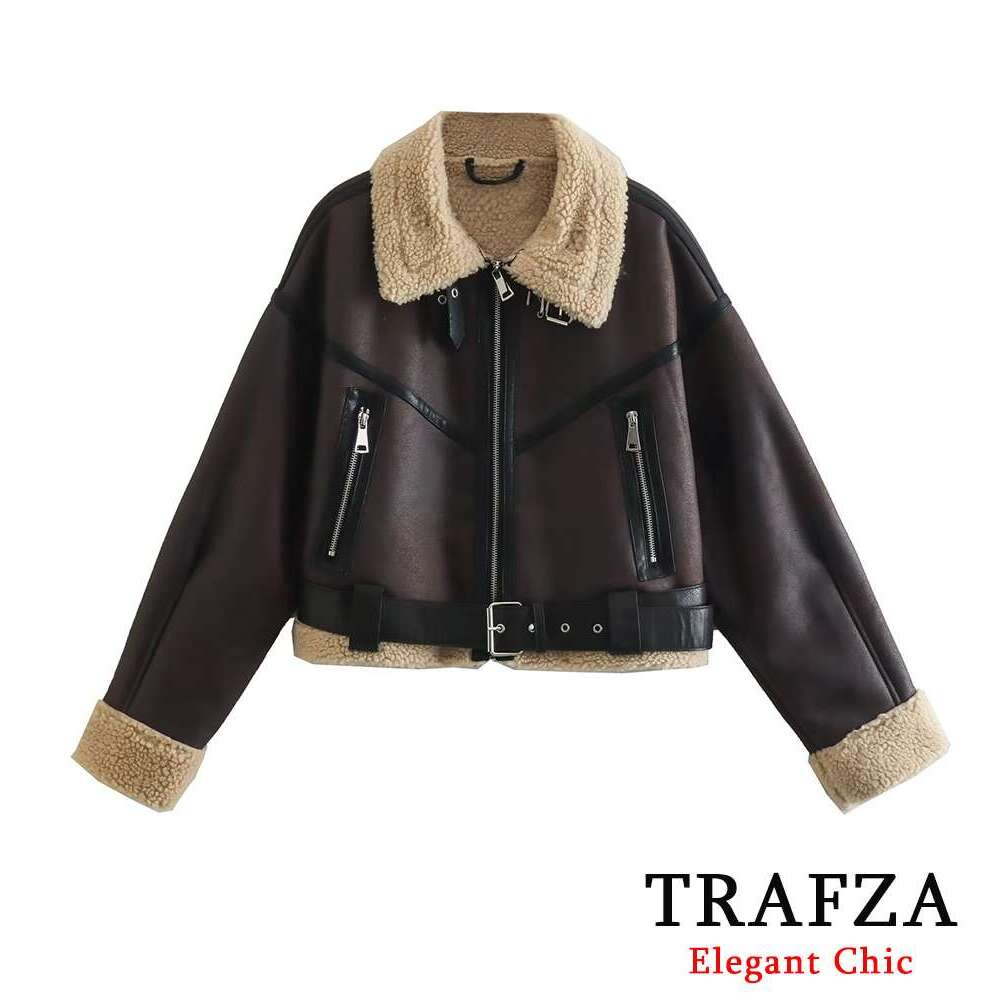 TRAFZA Women Fashion Double-Sided Short Belt Fleece Vintage Lapel New 2024 Fall Winter Zipper Loose Jacket Coat