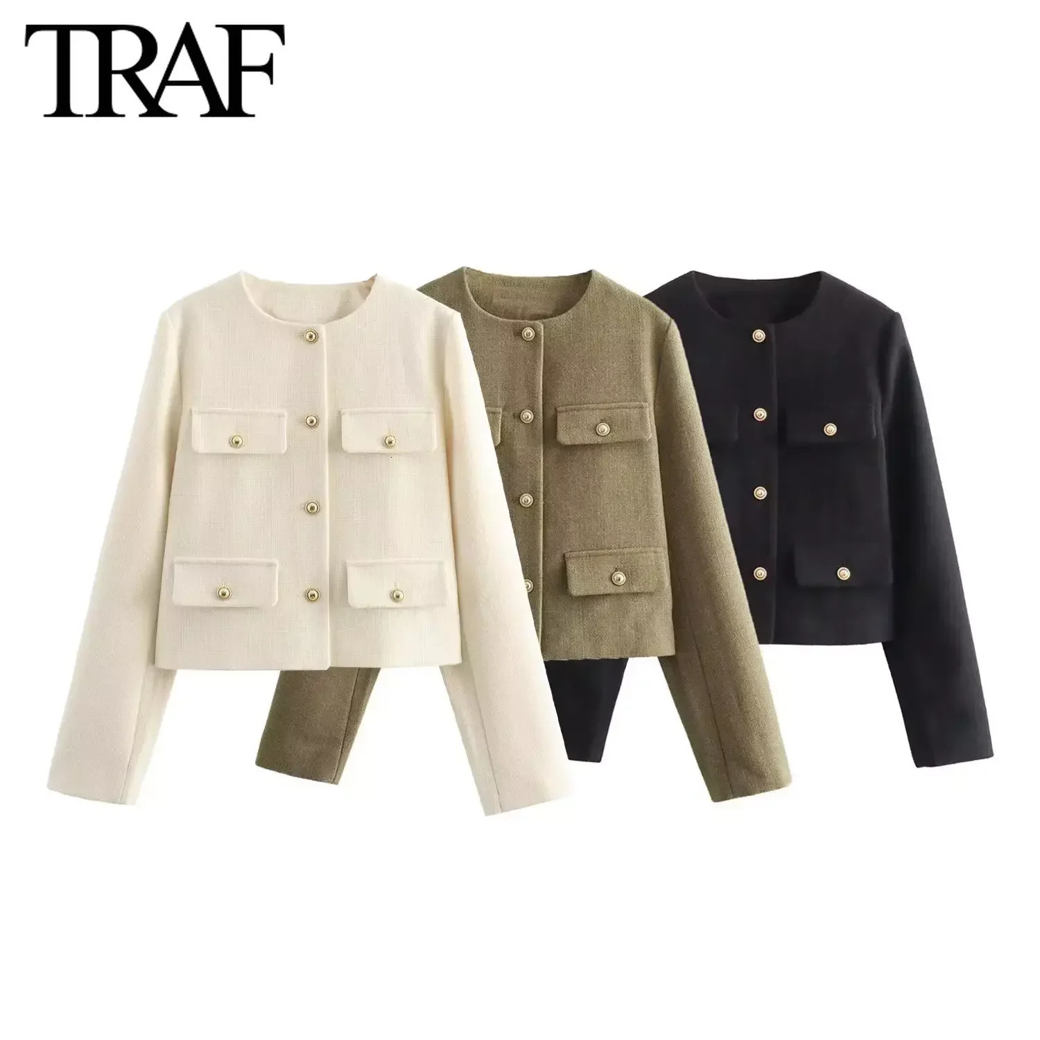 TRAF Women Fashion Autumn Winter Singlebreasted Textured Round Neck Flip Pocket Short Jacket Coat Chic Ladies Tops Mujer 241024