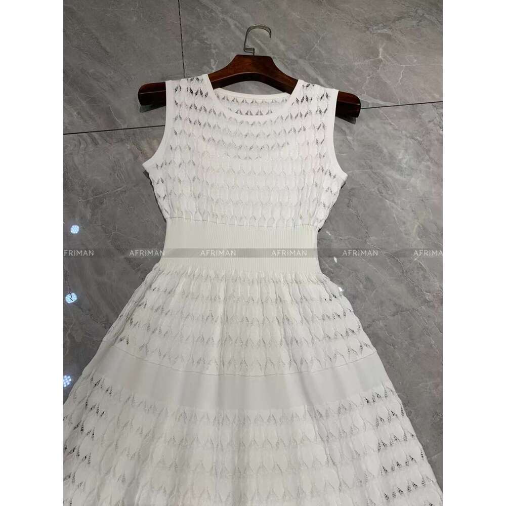 Women Round Neck Sleeveless Mesh Woven Knit Maxi Dress