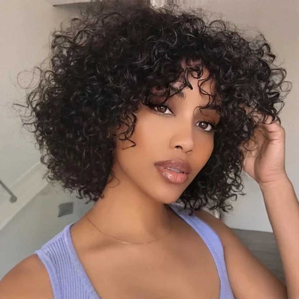 Short Curly Bob Wig Full Person Wig Natural Black Glueless Wig 10 inches E-Cut Short Bob Wig M241028