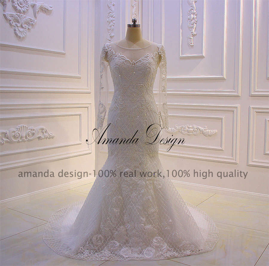 Amanda Design abendkleider Full Sleeve Lace Applique Pearls Mermaid Wedding Dress with Detachable Skirt