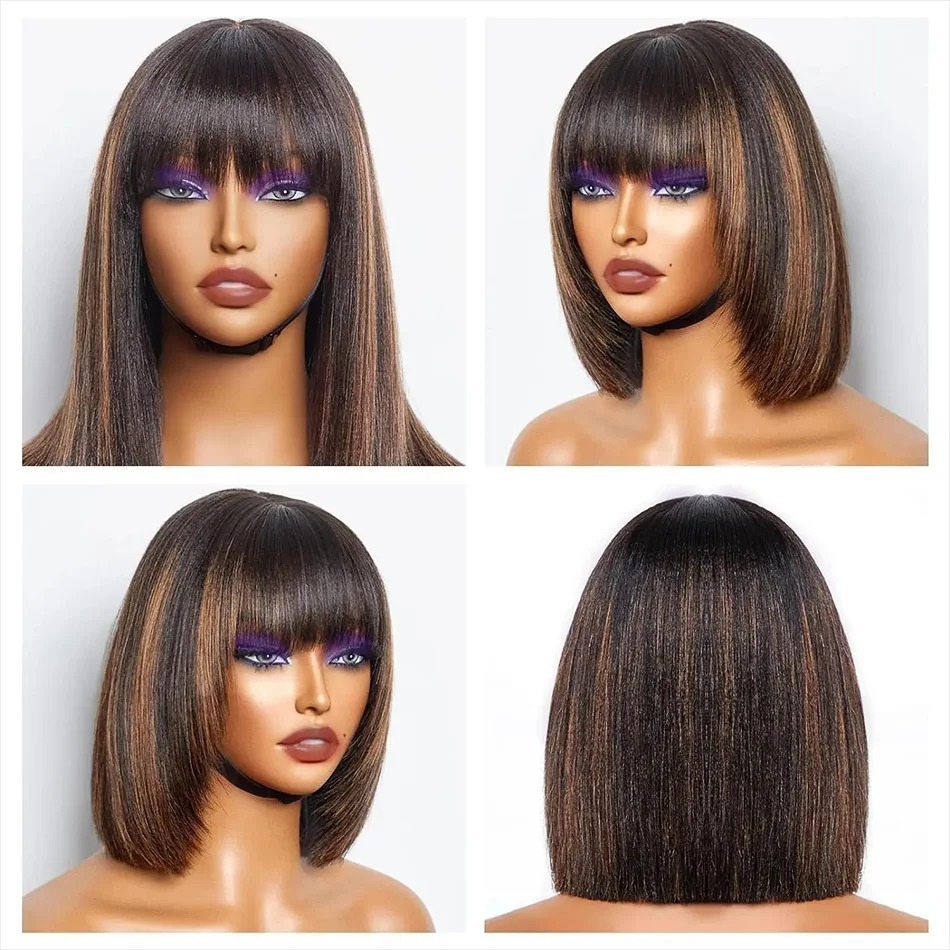 Brown Highlight Put On 100% Human Hair and Go Realistic Yaki Straight Short Bob with Bangs Minimalist Lace Wig For Black Women
