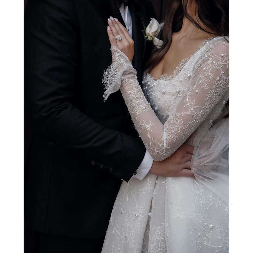 Boho A E Dress For Bride Lace Long Sleeves Pearls Wedding Dresses Bridal Gowns Vestidos Novia Backless Country Robe De Mariage 0515