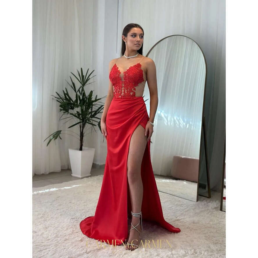 Sexy Red Mermaid Prom Dress Split Illusion Formal Evening Elegant Lace Appliques Party Dresses For Special Ocns Straps Promdress 0515