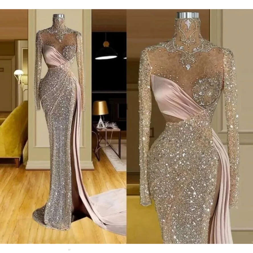 Side Split Sexy Mermaid Prom Dresses Sparkly Crystal Beaded High Neck Long Sleeve Evening Gowns Women Arabic Formal Special Ocn Dress Bc11968