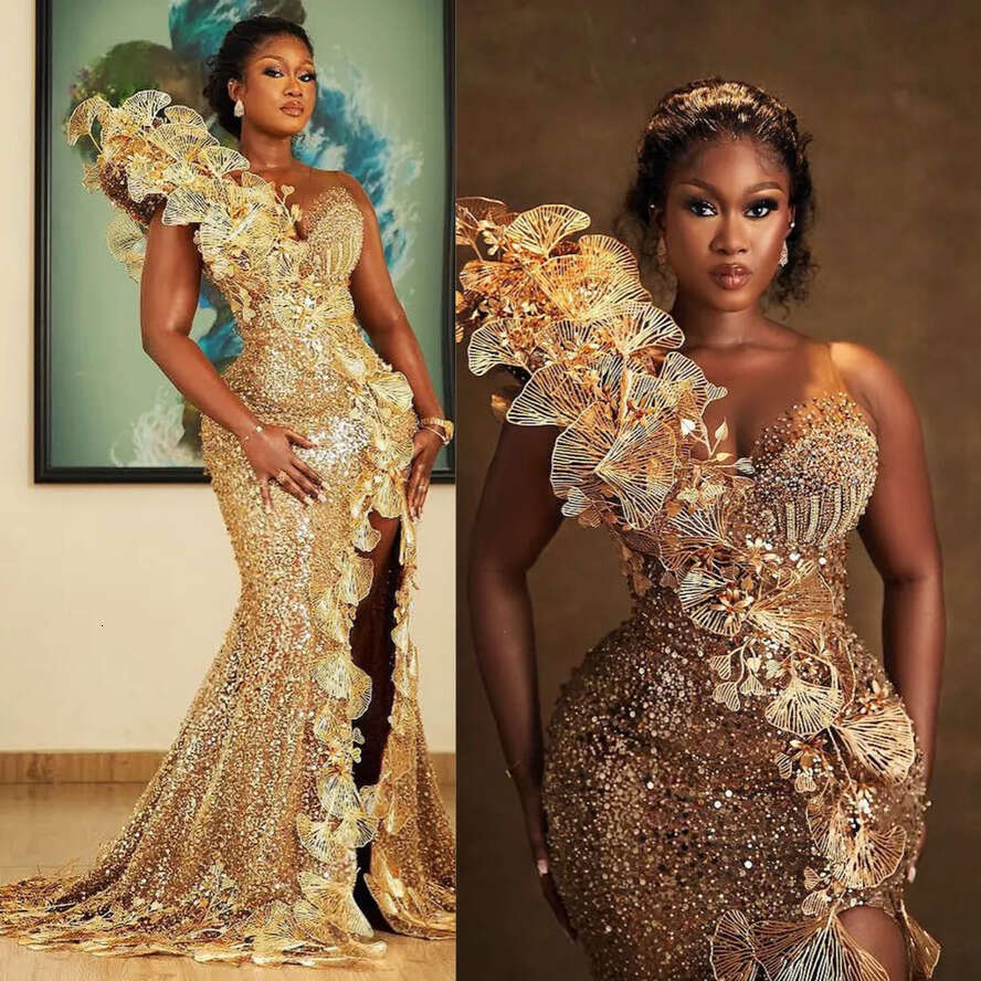 Plus Gold Size Aso Ebi Prom Dresses For Black Women Evening Sequined Lace Mermaid Sexy Side Split Birthday Party Dress Reception Engagement Gowns Am