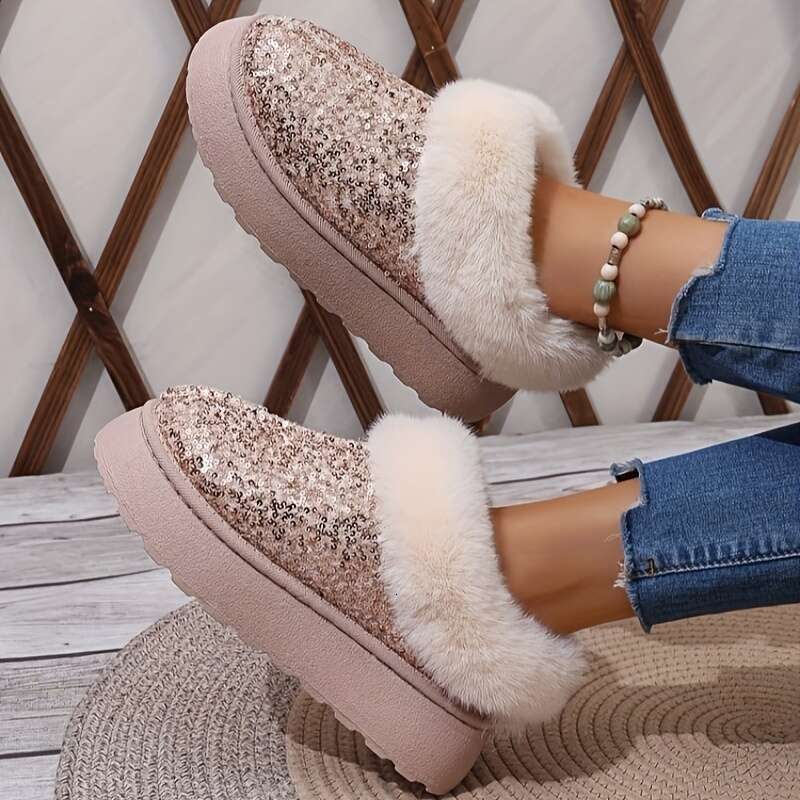 Women's Sequins Decor Platform Short Fashion Slip On Plush ed Boots, Comfortable Winter Ankle Boots