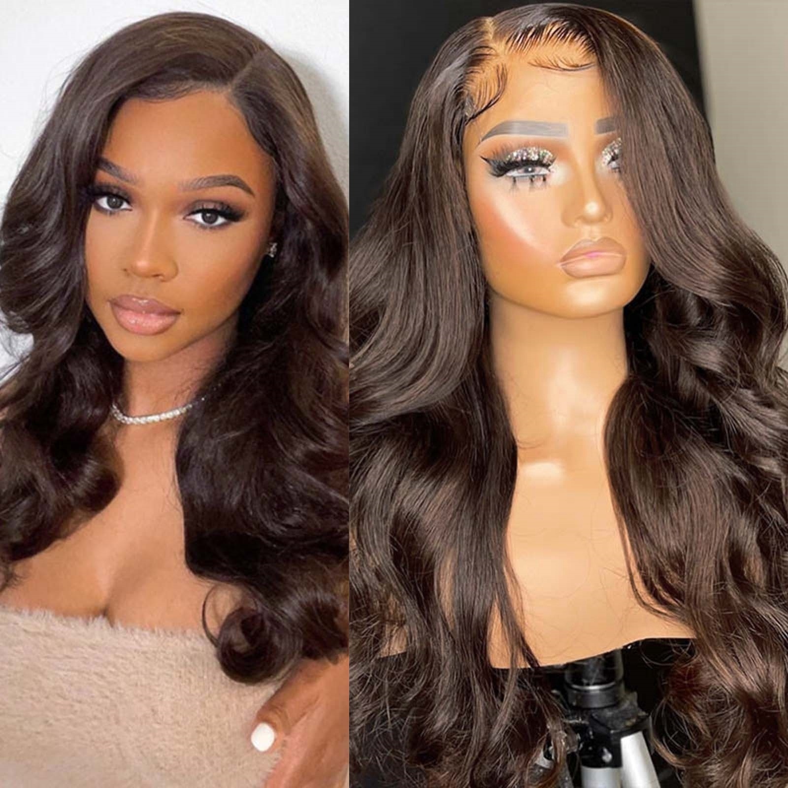 Dark Brown Body Wave Synthetic Lace Front Wig Long Curly Wavy Brunette Colored Hair 13X4 Frontal Wigs for Women Daily Party