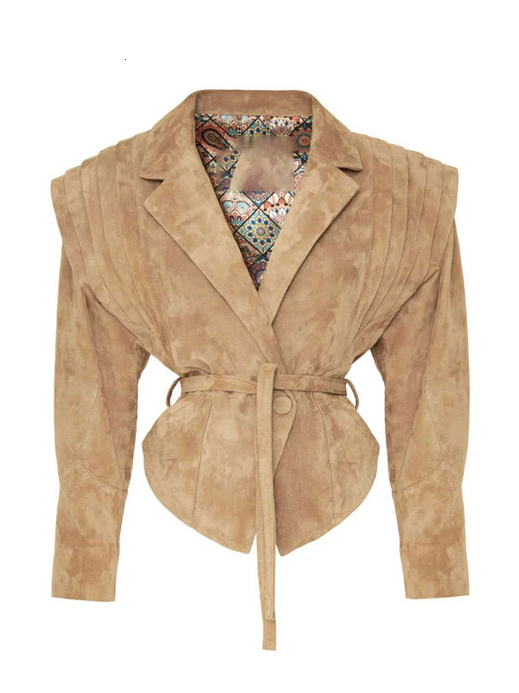 Fashion Women Suede Short Leather Jacket With Belt Pleated Shoulder Long Sleeve Lapel Button Cropped Coat Lady Street Outerwear