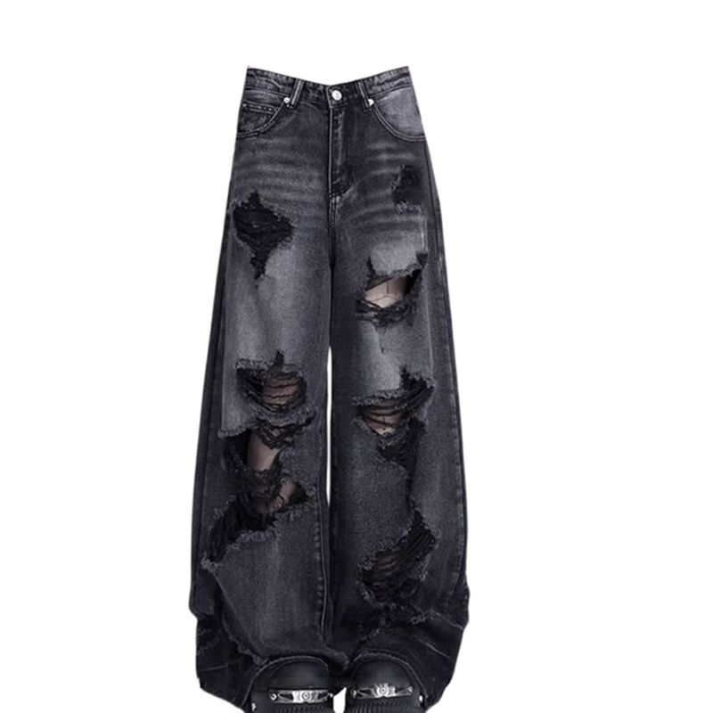Women Black Goth Ripped Jeans Vintage Cowboy Pants Aesthetic Harajuku Baggy Denim Trousers Y2k Oversize Trashy 2000s Emo Clothes 241025