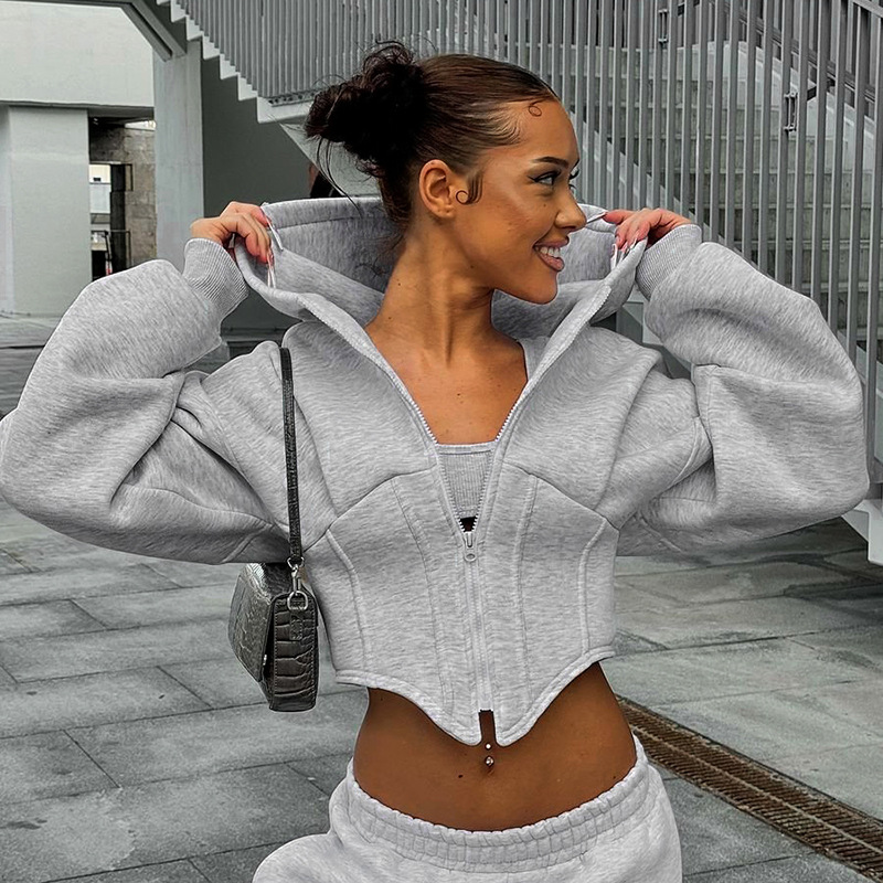 Women's Jackets Autumn Long Sleeve Fleece Zipper Cardigan Hooded Sweater Girdle Short Casual Jacket Female Streetwear Women Autumn