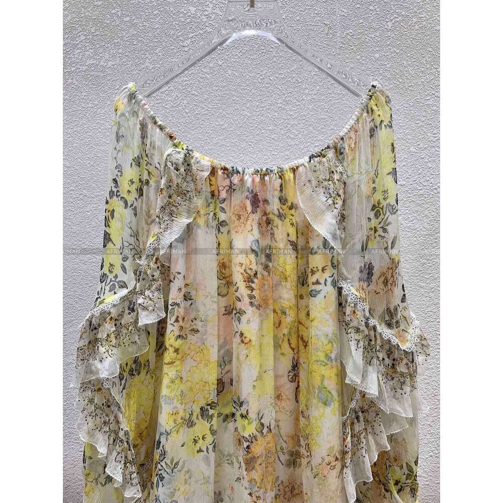 Women New V Neck Dia Beaded Ruffles Flare Sleeve Yellow Wer Print 100% Silk Loose Mini Dress