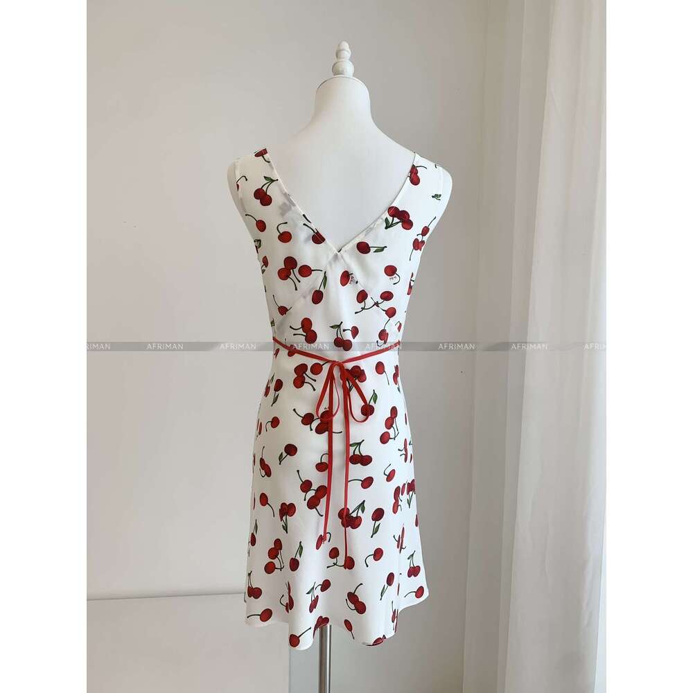 Women Sexy Deep V Neck Sleeveless Red Cherry Print Mini Silk Dress