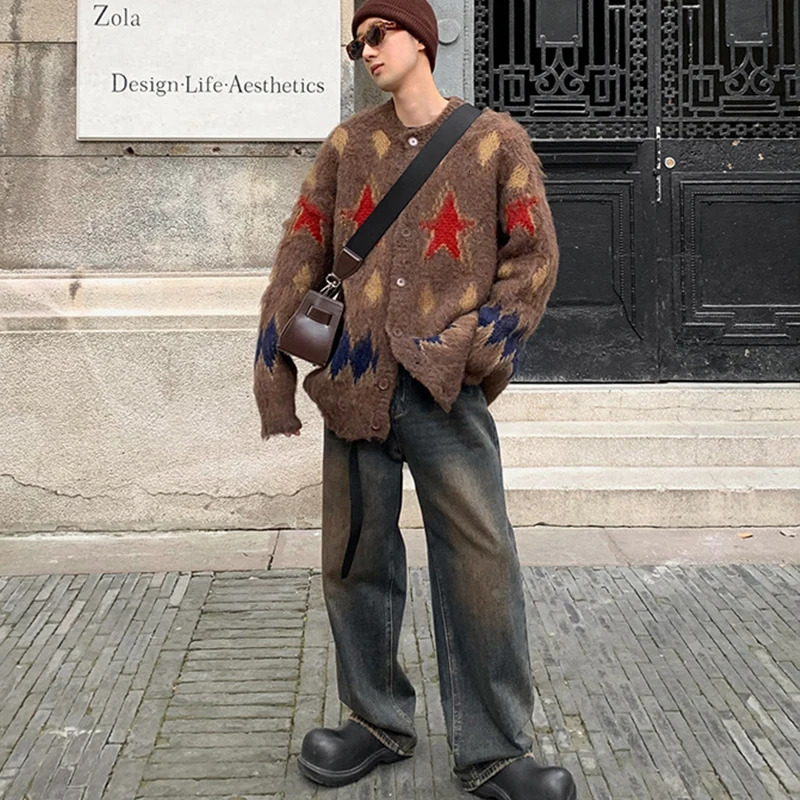 Mens Knitted Graphic Buttons Cardigan Sweater Coat Long Sleeve Casual Streetwear Stylish Leisure Vintage 2024 241024