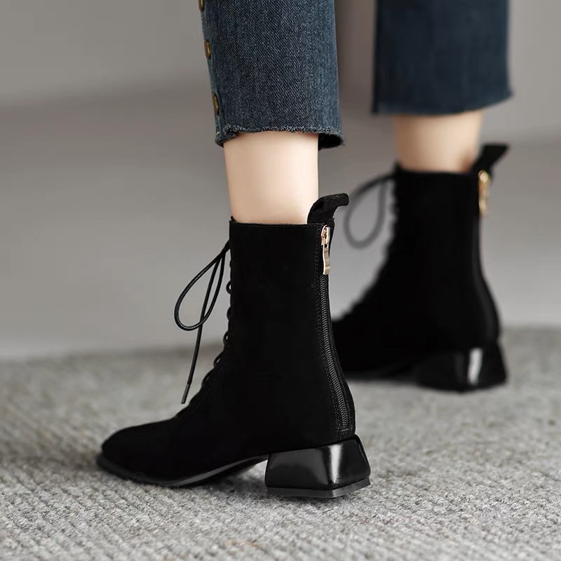 Women Fashion Boots:Lace Up Martin Boots Winter New Trendy Retro Style Versatile Square Toe High Heel,Black/Green,Free shipping