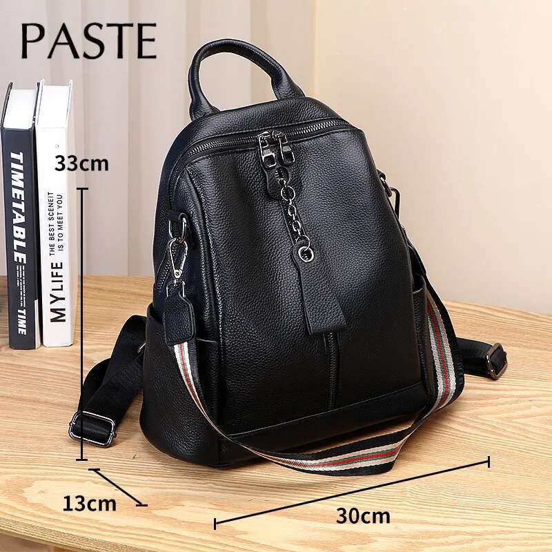 2024 Full Grain Cow Women Backpack Gun Black Color Hardware Ladies Cowhide Leather Bagpac Female School Book Bag