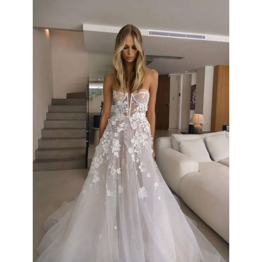 Boho A E Dresses Bone Bodice Appliques Sweetheart Tulle Designer Wedding Bridal Gowns 0515