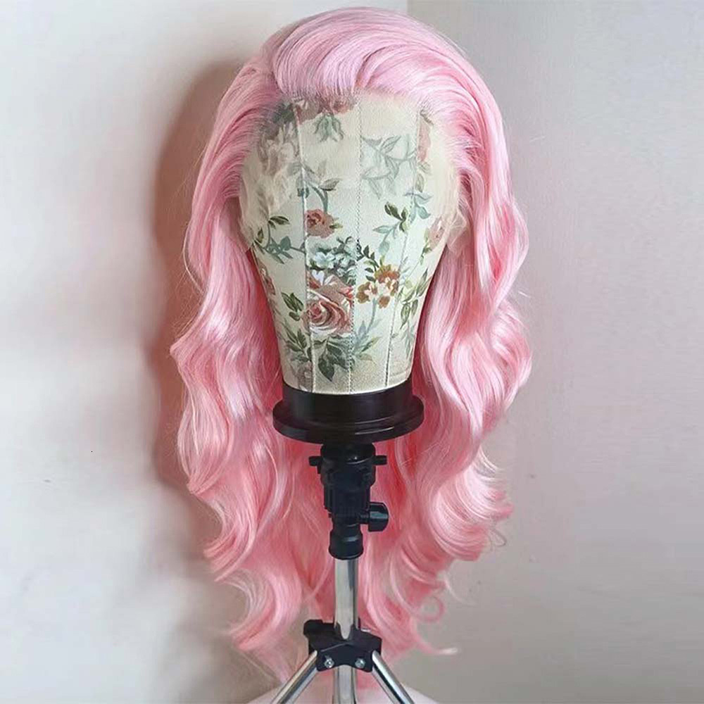 RONGDUOYI Light Pastel Pink Lace Front Synthetic Frontal Wigs for Women Long Wavy Loose Wave Curly Hair Wig Daily Party Cosplay