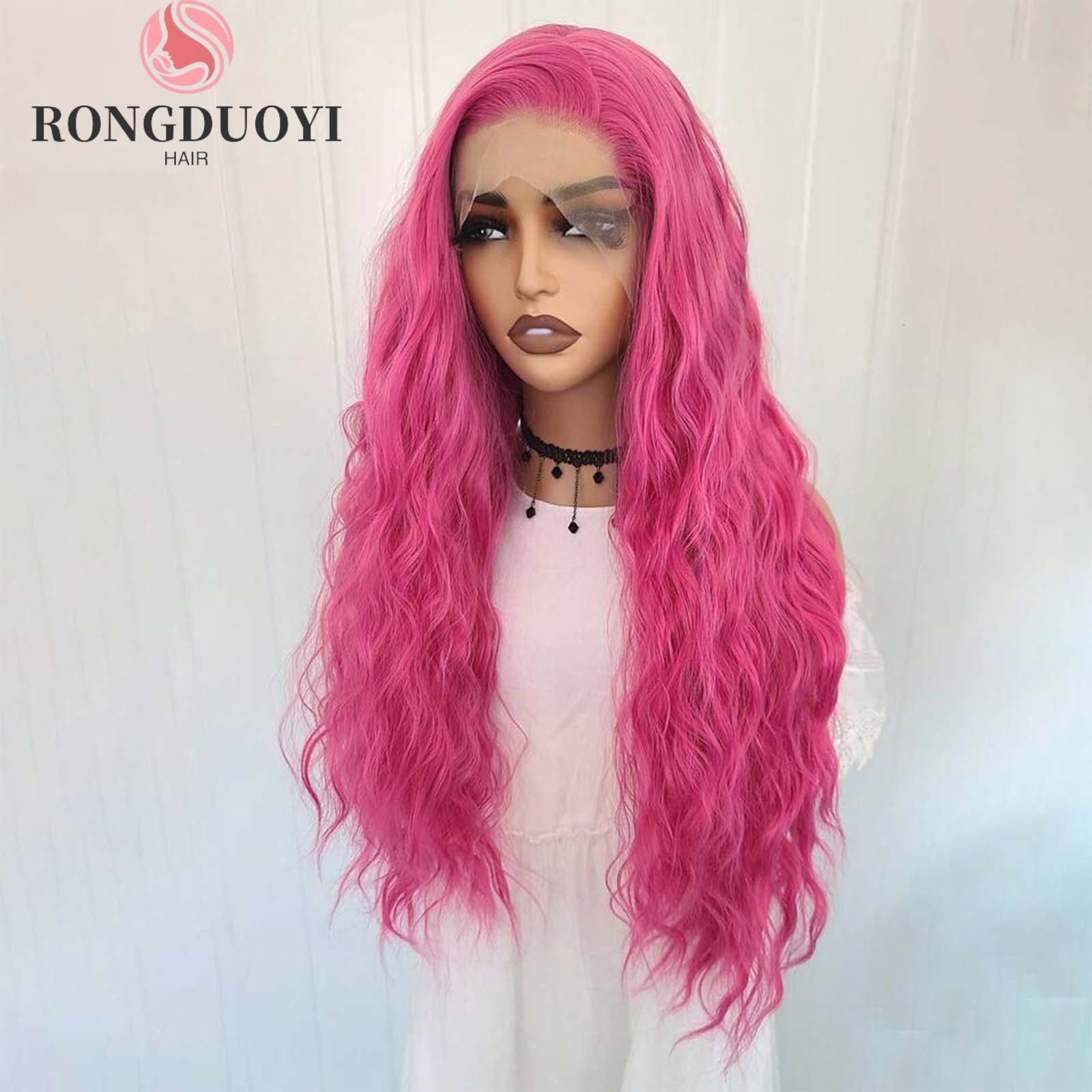 13X4 Rose Red Curly Synthetic Front Wig Natural Wavy Long Hot Pink Colored Hair Lace Frontal Wigs for Women Party Daily