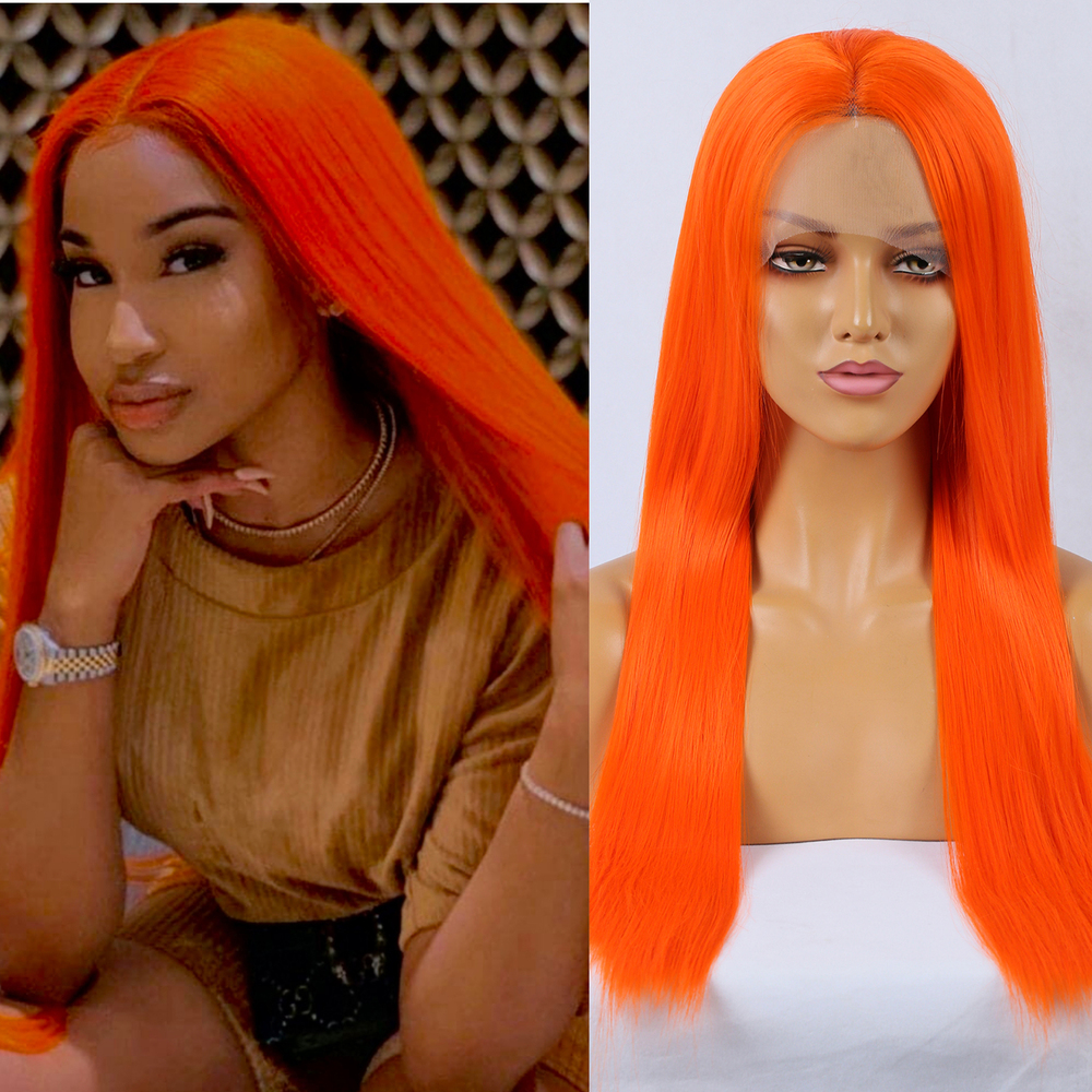 RDY Hot Neon Orange Synthetic Lace Front Wig Glueless Natural Haire Long Straight Colored Hair Frontal Wigs for Women